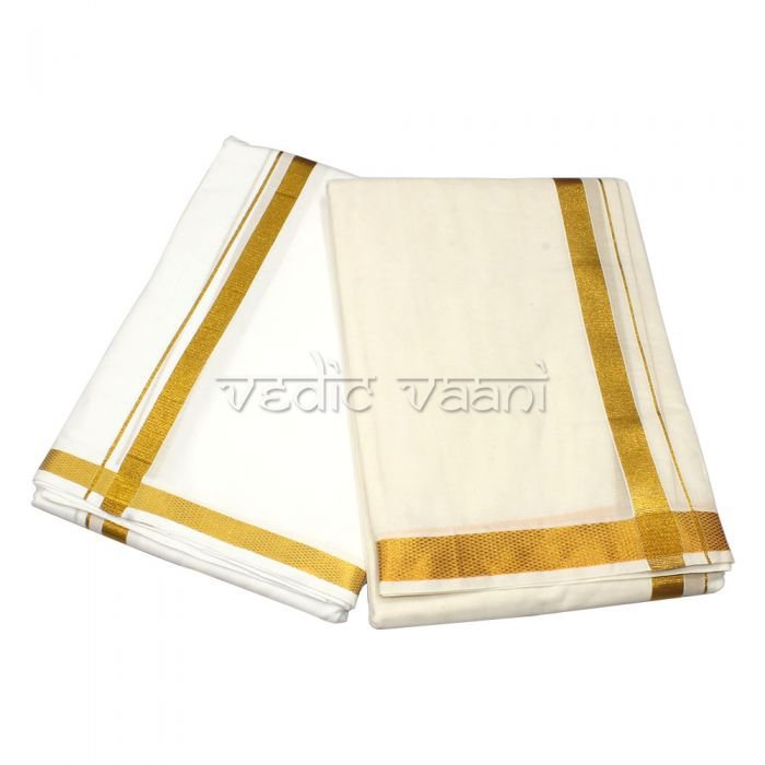 Indian Traditional White & Cream Color Vesti (Dhoti) with Shawl Buy Online in USA/UK/Europe