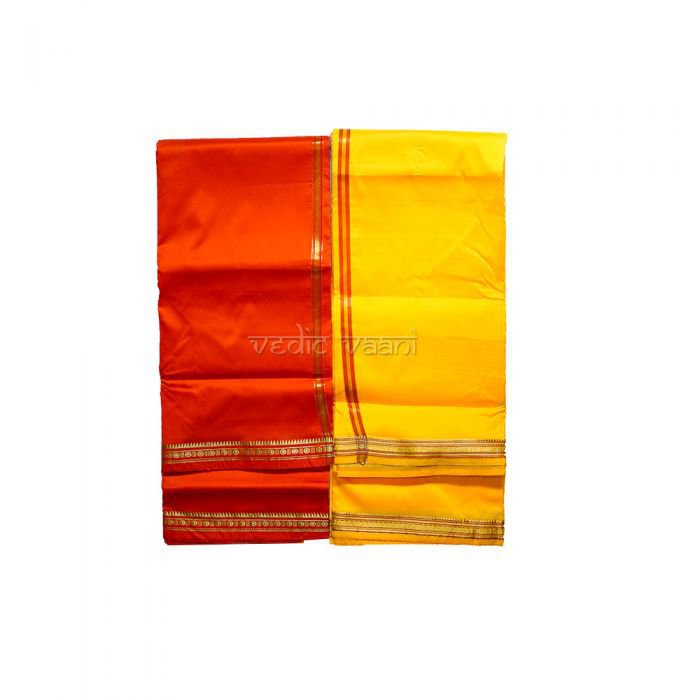 Puja Regluar Silk Dhoti with Shawl - Yellow / Orange Golden Border Buy Online in USA/UK/Europe