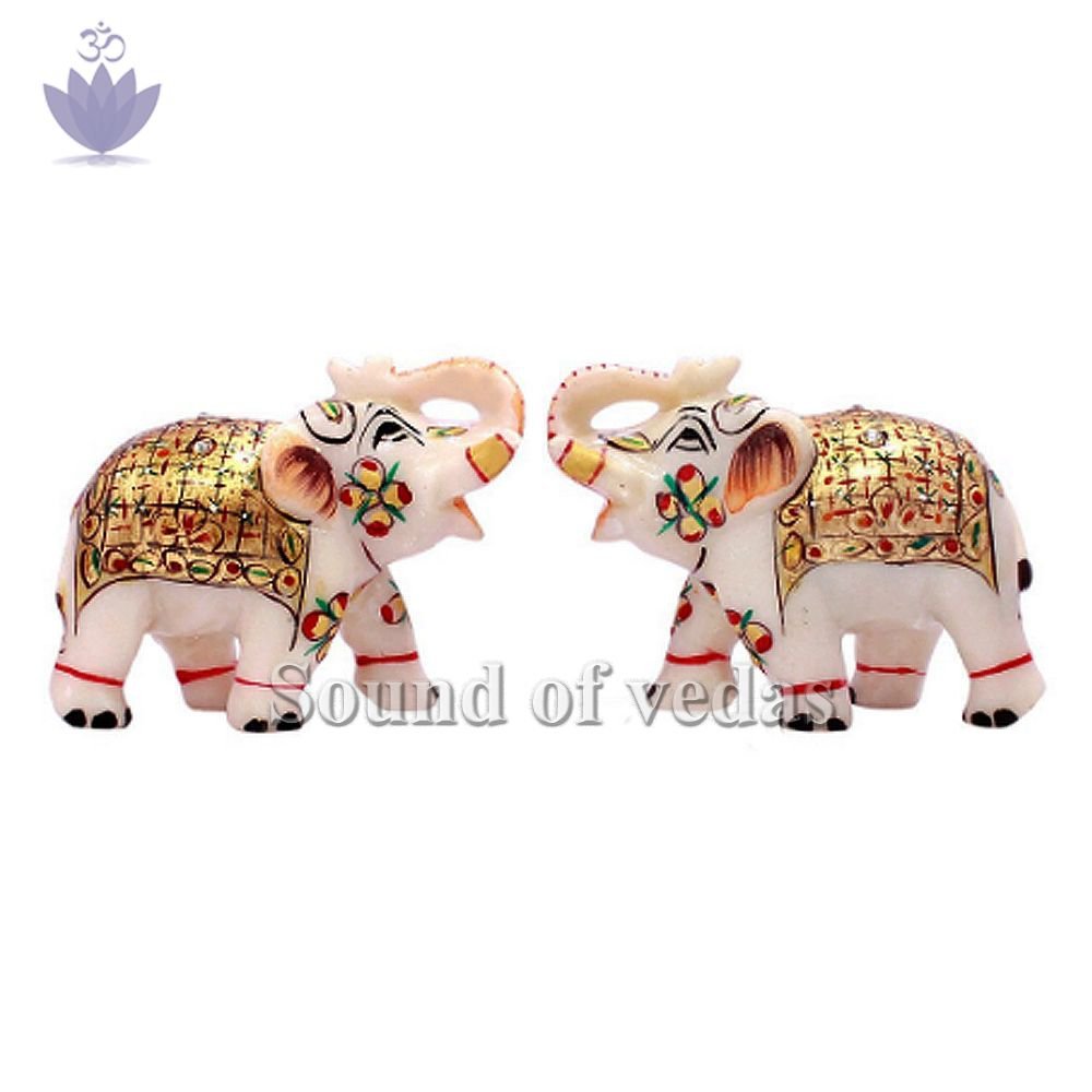 Handcrafted Elephant Pair in White Marble