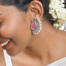 Indian Oxidised Silver Floral Designer Stone Studded Mirror Work Dome Jhumka