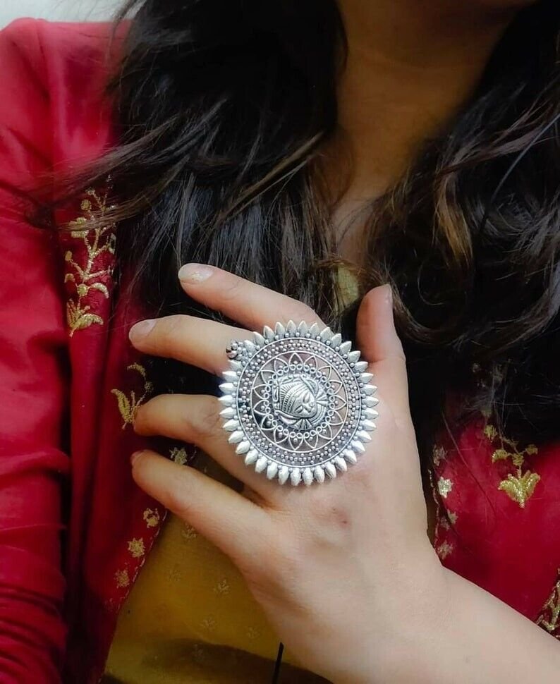 Designer Rings, Silver Oxidized Durga Adjustable Ring, Indian Ethnic Jewelry