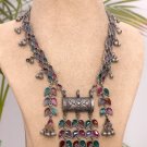 Silver oxidised Jewelry, Boho Necklace and Earring set, Indian Meenakari Work.