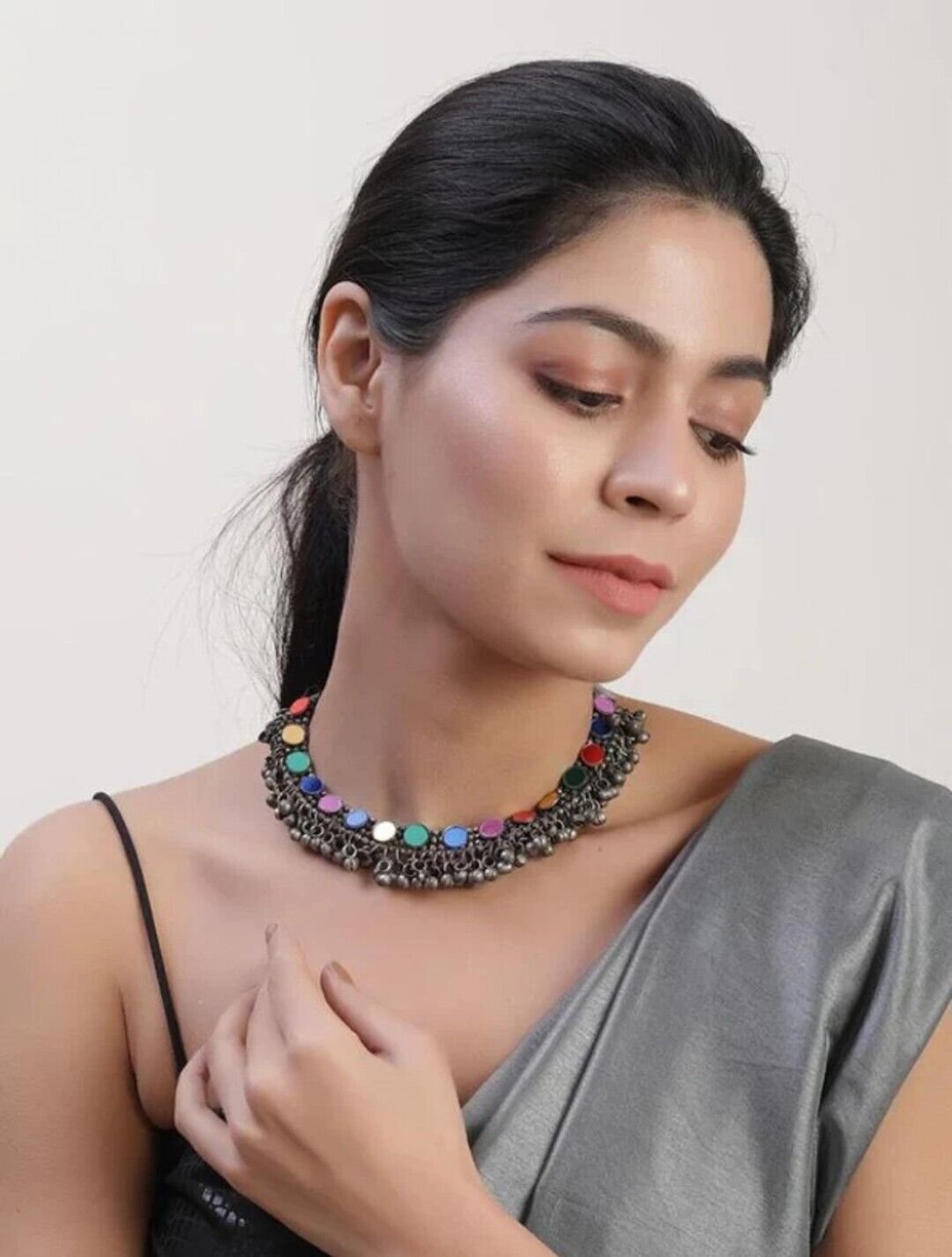 Mirror Necklace Multi colour Afghani Silver Oxidized Jewellery, Indian Jewelry