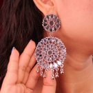 Indian Oxidized Ethnic Antique Mirror Work Oxidised Silver Floral Drop Jhumka