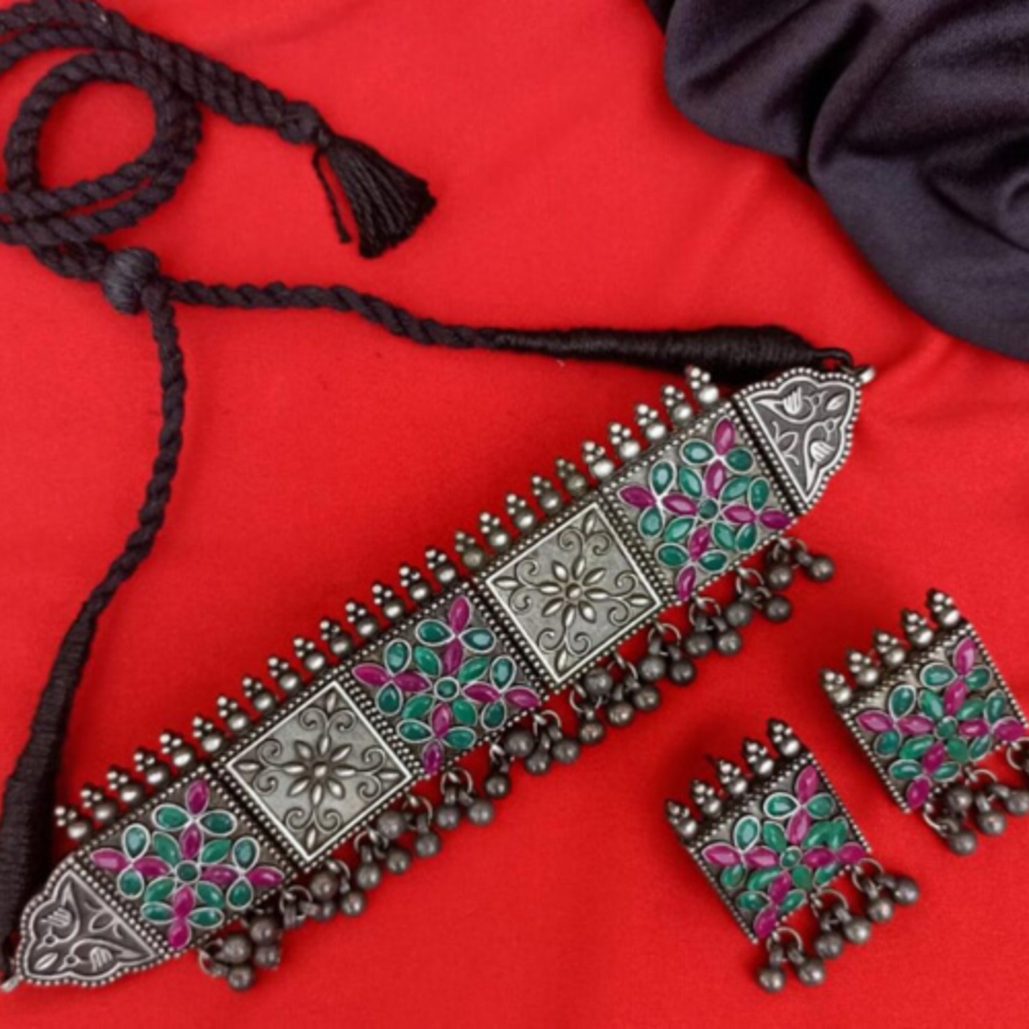 Indian Oxidised Silver Ethnic Ruby Choker Necklace Set &  Earrings