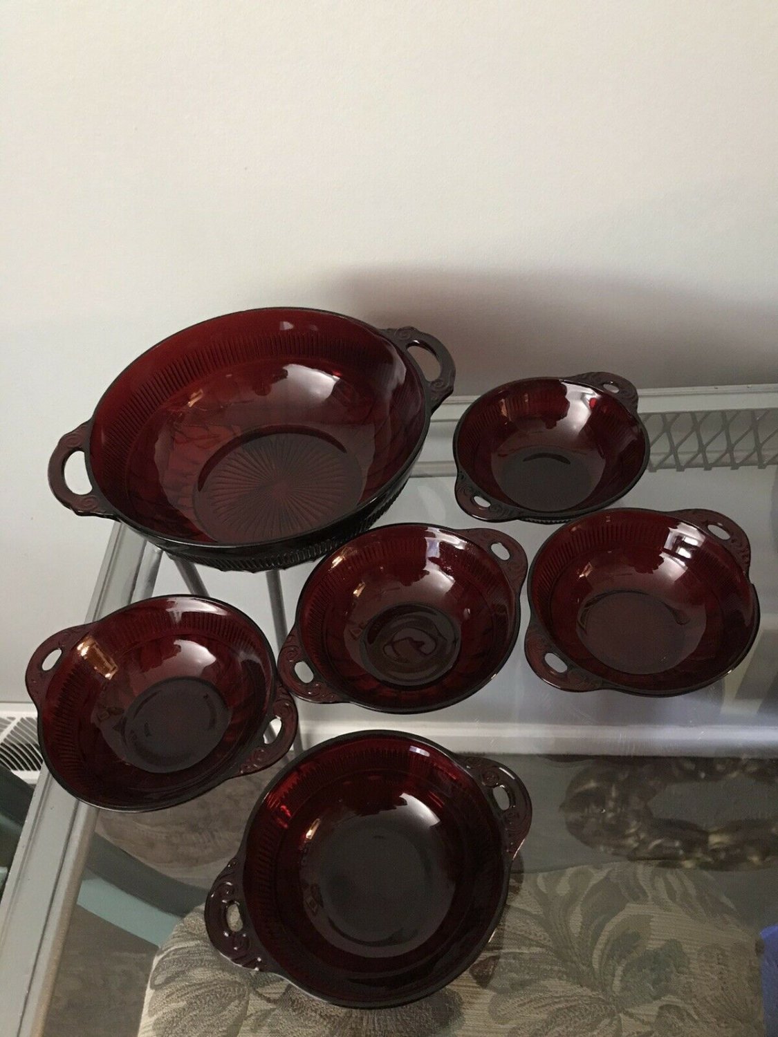 Vtg Ruby Red Glass CORONATION Serving and 5 Berry Bowl Set Christmas Holiday
