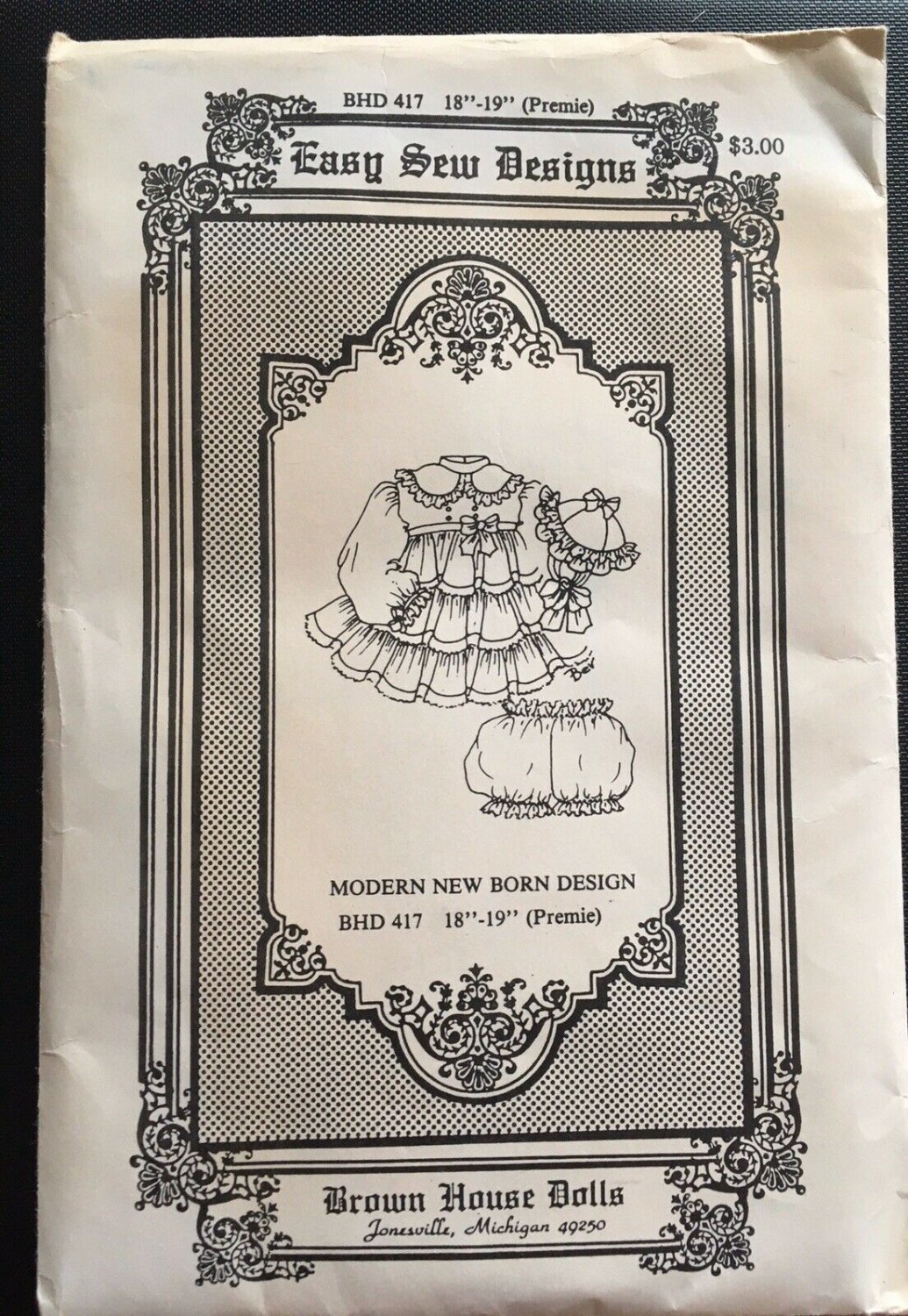 Vtg Doll Pattern Modern New Born Premie Dress Easy Sew Brown House 417 18"-19"