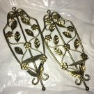 2 Vintage Candle Hold Wall Sconce Gold Metal Flower Leaf Cottage Farm House Chic