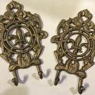 Vintage Cast Iron Wall Hooks Purse Towel Coat Paris Fleur Di Lis Beautiful 2 Pcs