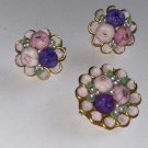Vintage Seashell Brooch Pin Clip Earrings Shell Faux Pearls Pink Purple 1940s 50