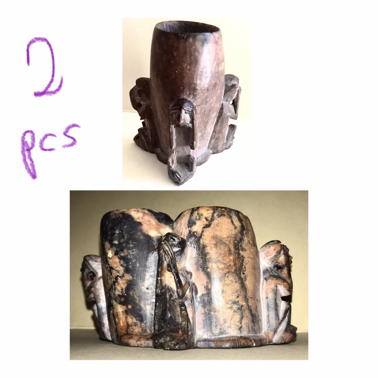 Vintage Carved Soap Stone Monkey Ink Brush Wash See Speak Hear No Evil Toothpick