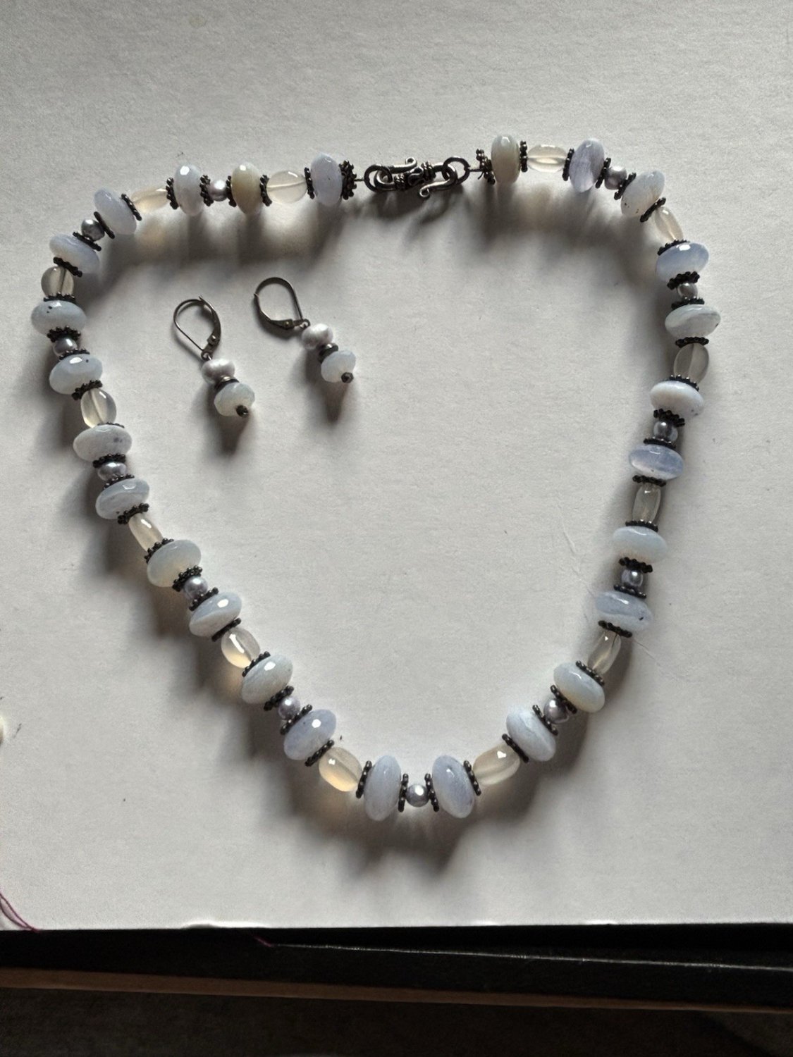 925 Bali Sterling Silver Chalcedony & Akoya Blue Pearl Necklace Earrings Artisan