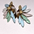 Rare Miriam Haskell Earrings Pastel Glass Leaf Fan Vintage 40s Clip Unique Chic