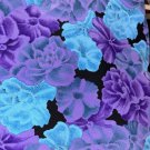 Vintage Fabric 80s Mod Flower Purple Aqua Black Silky Elegant Poly 44 x 96 Nice