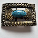 Vintage Western Belt Buckle Faux Turquoise Antique Brass Cowboy Cowgirl WildWest