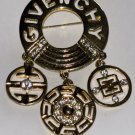Vintage Givenchy Couture Logo Gold Tone Rhinestone Dangle Brooch Broach Original