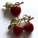 Vintage Cherries Brooch Pin Gold Tone Enamel Original Set 2 Pins Cherry RARE