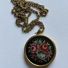 Vintage Avon Locket Pendant Necklace Petit Point Roses NeedleWork 1977 Floral