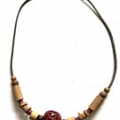Vintage Necklace Leather Cord Cinnabar & Wooden Beads Handmade BoHo 1960s India