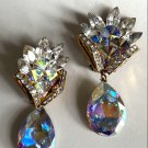 Vintage HIGH END 80s Couture Earrings Handmade Designer Rivoli Crystal Clip L@@k