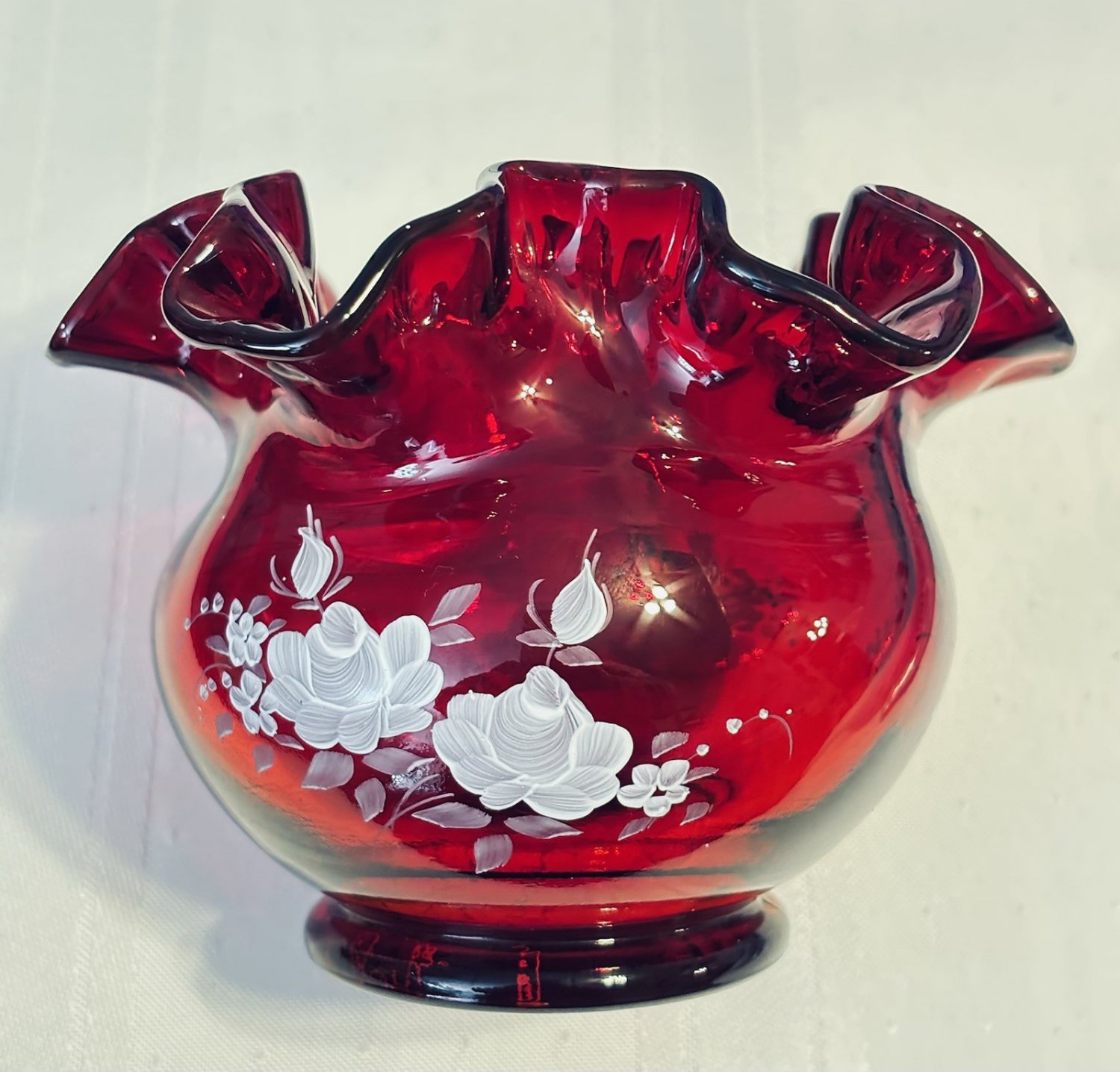 Vintage FENTON Vase Ruby Red White Roses Flower Ruffle Edge Artist Signed Amason