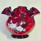 Vintage FENTON Vase Ruby Red White Roses Flower Ruffle Edge Artist Signed Amason