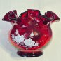 Vintage FENTON Vase Ruby Red White Roses Flower Ruffle Edge Artist Signed Amason