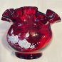 Vintage FENTON Vase Ruby Red White Roses Flower Ruffle Edge Artist Signed Amason