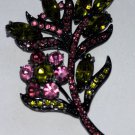 Vintage Rhinestone Pin Brooch Black Japanned Flower Pink Green Fuchsia Olive SEE