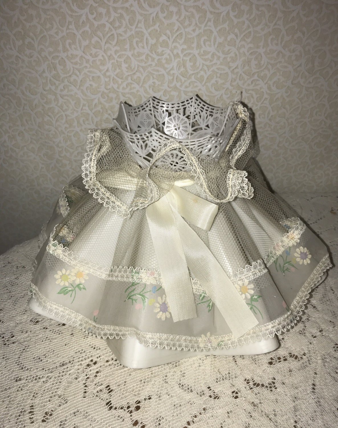 Vintage LAMP SHADE PLASTIC RUFFLED LACE FABRIC Ribbon Shabby Chic Vanity RETRO