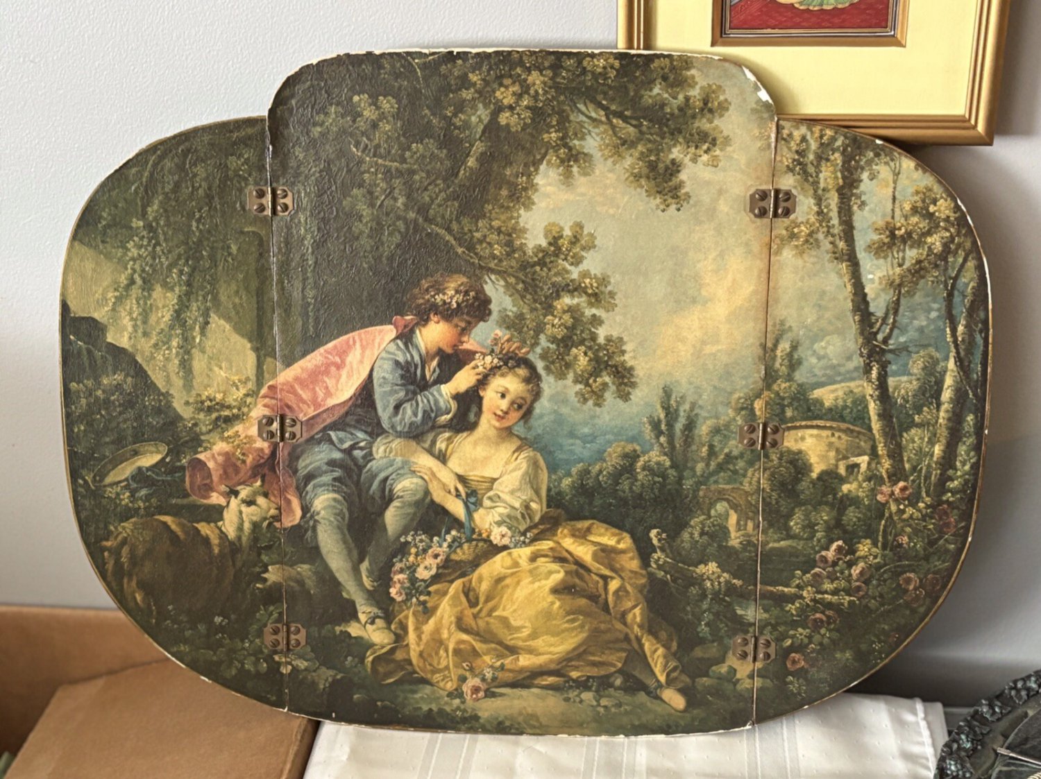 Antique Triptych Boucher Spring Scene Romantic Chic Couple Decor Vanity RARE