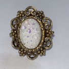 Vintage Victorian Revival Adjustable Ring Antique Gold Tone AB Milk Glass 1970s