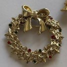 Vintage Pin Christmas Brooch Holly Wreath Rhinestones Gold Tone Tancer Holiday