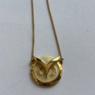 Vintage Necklace Wise Owl Head Gold Tone Cream Enamel 70s MCM Retro Bird Lucky
