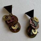 Vintage 80s Patina Metal Earrings Rose Green Blue Brass Curls Funky Pierced BoHo