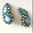 Vintage Rhinestone Earrings Elizabeth Morrey Aqua Blue Hollywood Regency  Glam