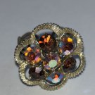 VINTAGE Cocktail Ring Adjustable 1960s AB Amber Rhinestone Flower Shape Retro