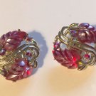 STAR Vintage Earrings 50s 60s Cranberry Leaves Rhinestone Thermoset Gold Tone