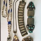 LOT Antique Neiger Necklace Uranium Glass Czech Very RARE Bracelet Clip Belt Bar