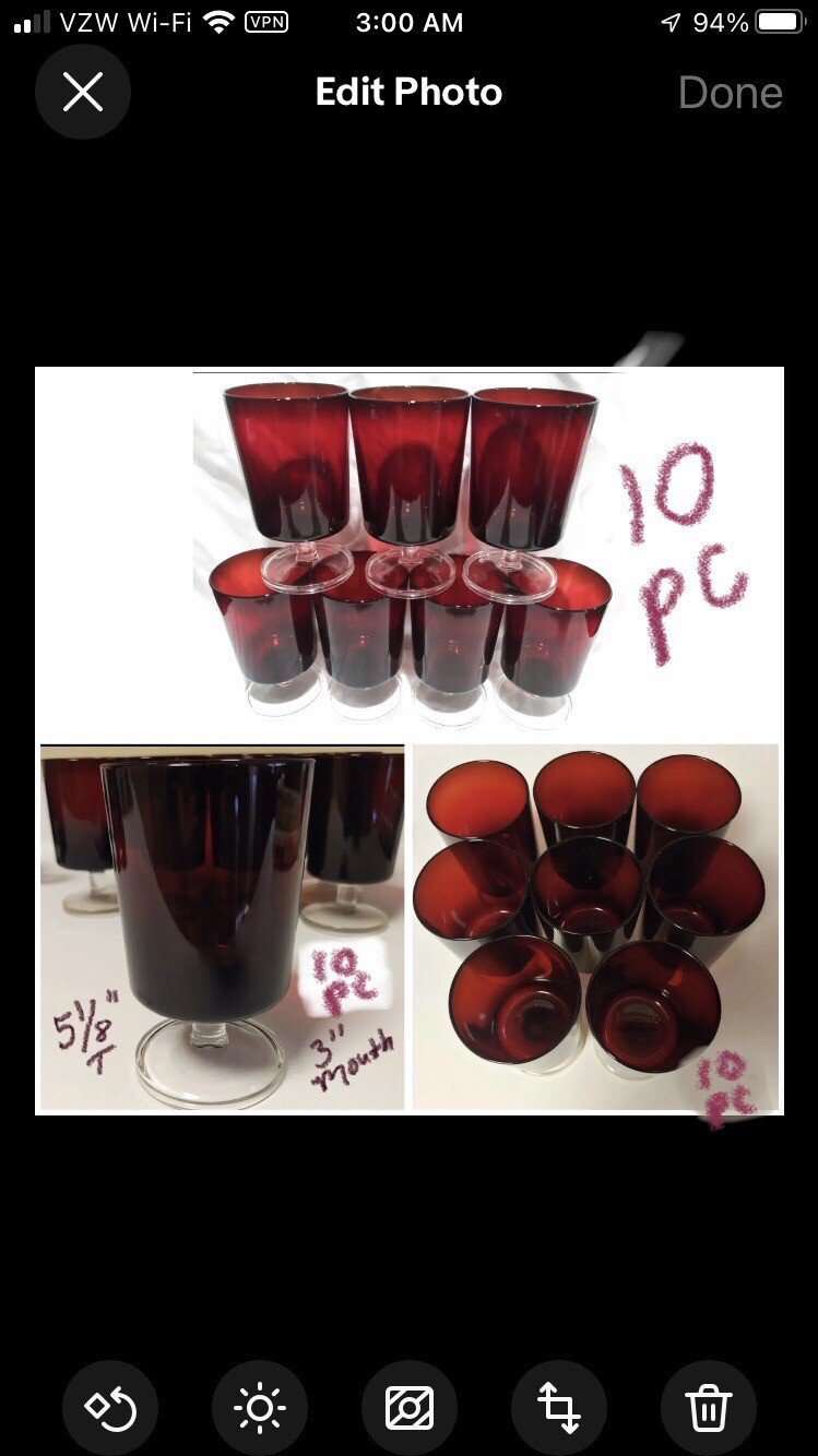 10 Vintage Ruby Red Glasses Clear Stem Cavalier Luminarc Arcoroc 5 1/8&acirc;�� tall