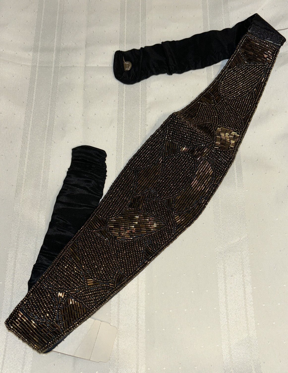 Beaded Cummerbund Waist Belt Hook Closure Vintage 80s Copper Glass Black Satin