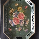 Large Vintage Metal Tole Tray Hand Painted Floral 1940s Green Nashco Toleware