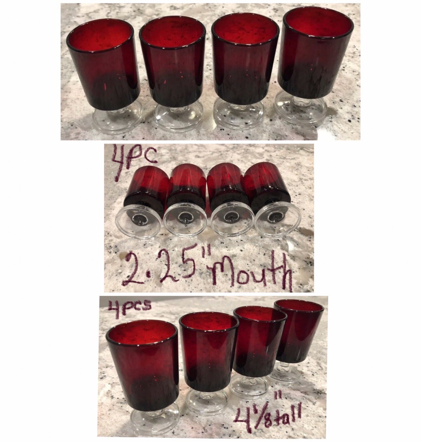 4 Vintage Ruby Red Glasses Clear Stem Cavalier Luminarc Arcoroc 4 1/8&acirc;�� tall L@@k