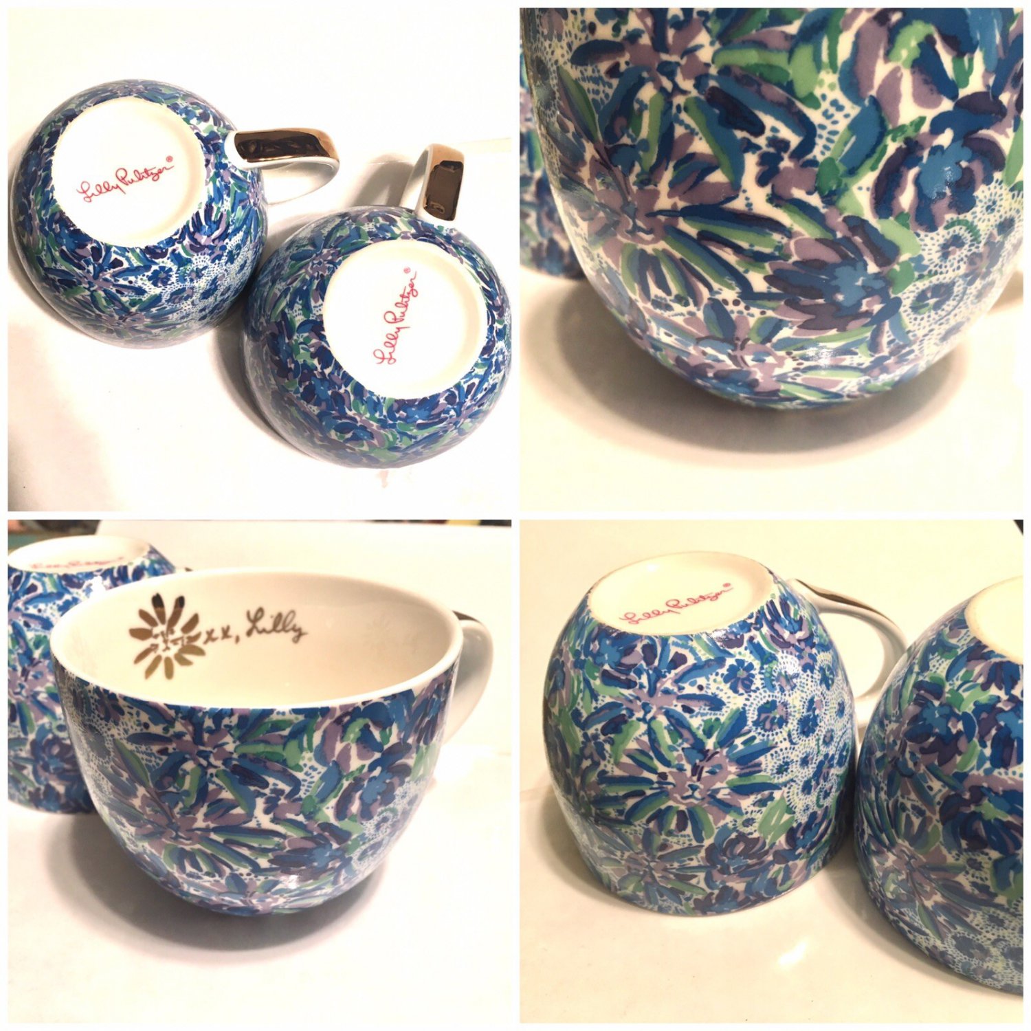 2 Lilly Pulitzer Ceramic Coffee Cup Mug Retired Print Blue Green Lavender 12oz