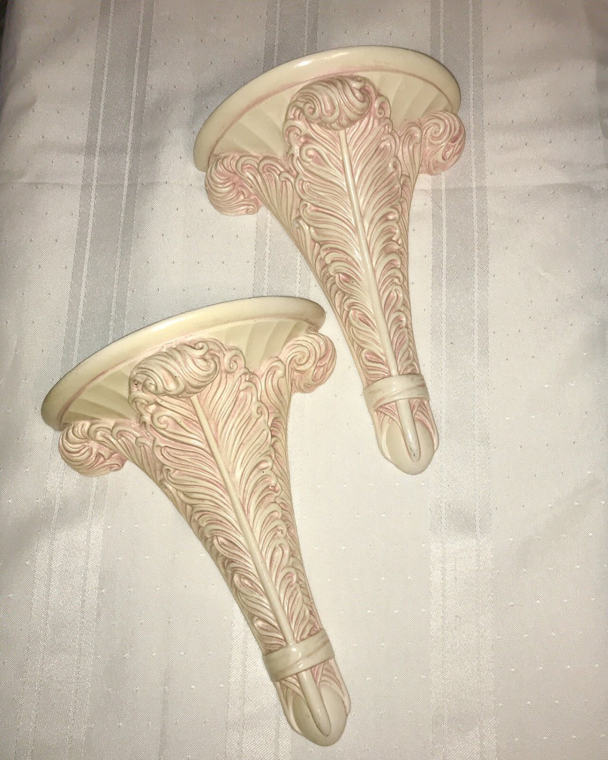 2 Vintage Wall Sconce Shelf Feather Design Display Pink Cream Romantic Chic 1940