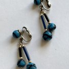 Vintage Clip Earrings Lewis Segal ?Blue Art Glass Handmade Bead Dangles 70s MCM