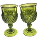 Vintage Goblets Wine Water Indiana Glass Dimond Point Green Olive MCM 6.5” 2pc Vintage Goblets Wine Water Indiana Glass Dimond Point Green Olive MCM 6.5” 2pc