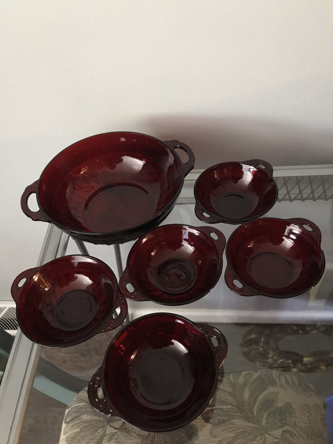 Ruby Red Glass CORONATION Serving Berry Bowls Set 6pc Vintage Mid Century Dining