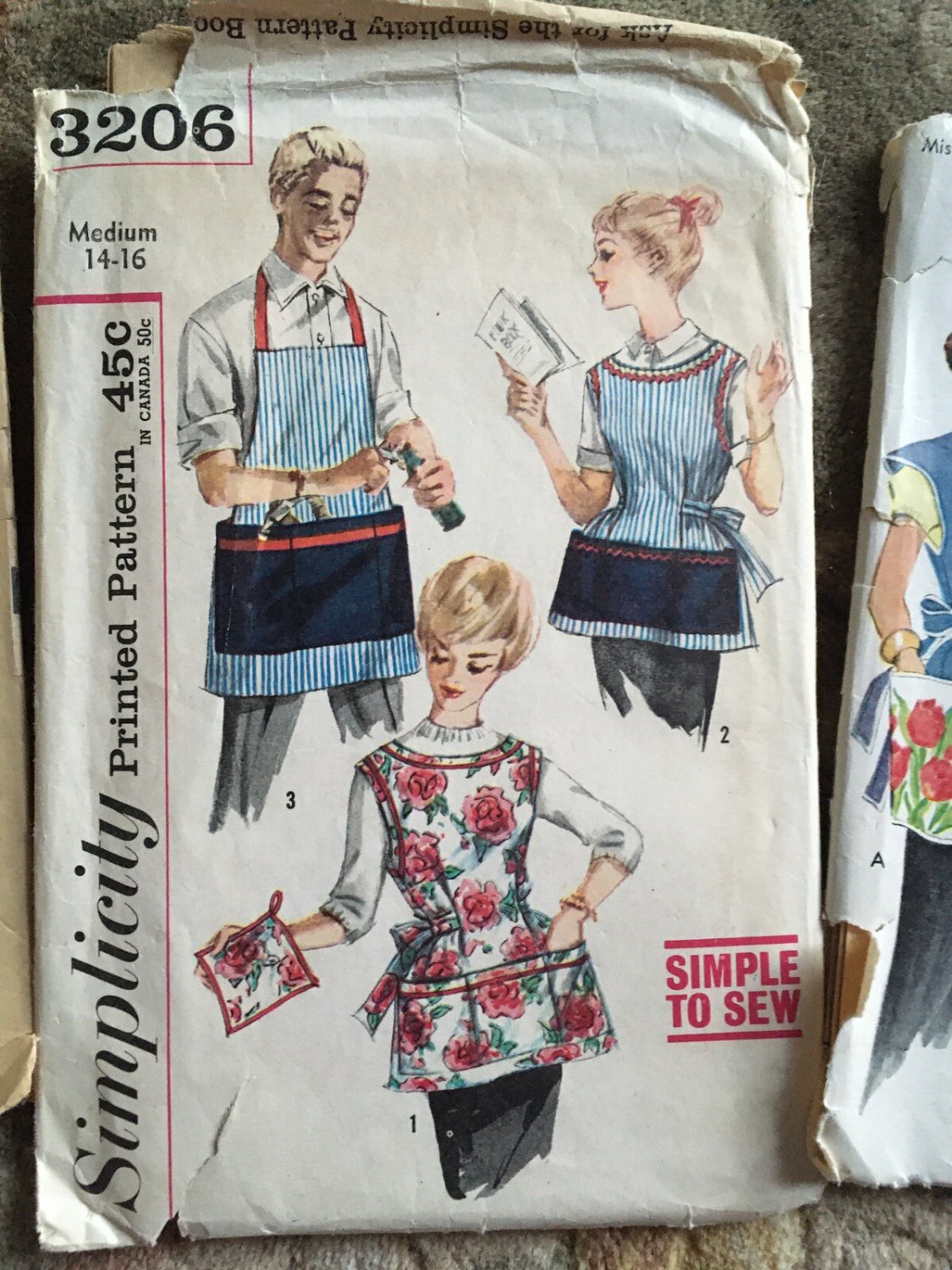 Vtg Apron Sewing Pattern 3206 Simplicity Med 14 - 16 Mad Men 50s Mid Century