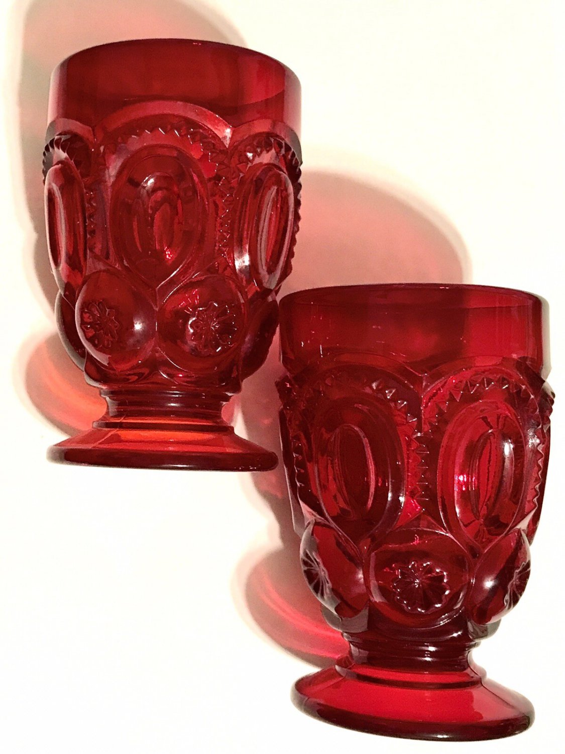 Vintage Moon & Stars Ruby Red LG Wright #44-41 Footed Tumbler Juice 2 pc Perfect